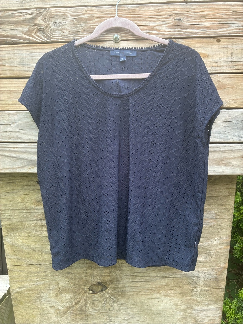 Tommy Hilfiger Navy Eyelet Short Sleeve Top Size Large